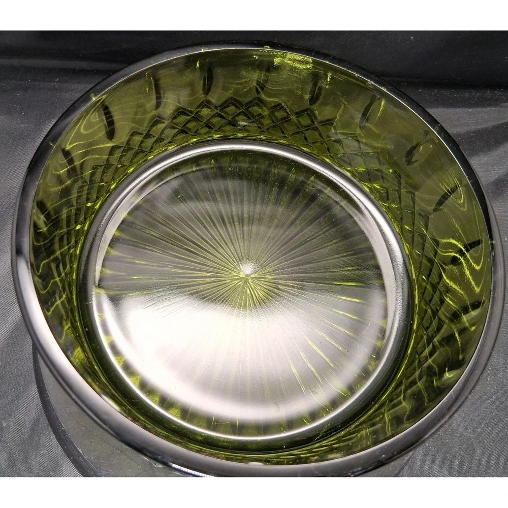 Vintage Olive Green Pressed Glass Candy Dish Lid Diamond Point Thumbprint Jar
